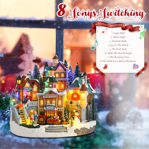 Vista 3 de Casas de Pueblo Navideño de taman - Edificios Coleccionables Musicales con Tren en Movimiento, Luces Cálidas y Adornos para Decoraciones Navideñas