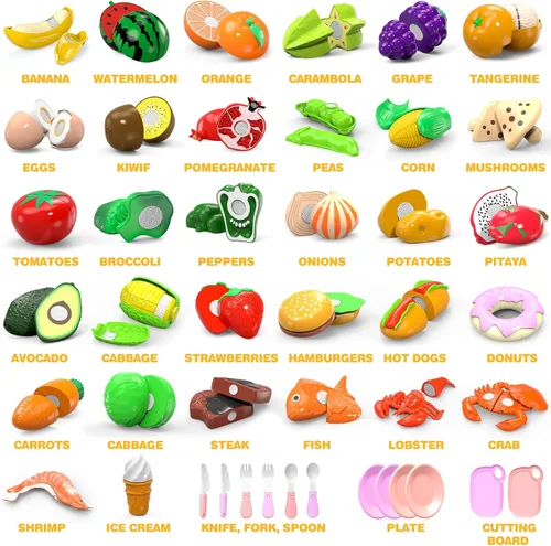 Vista 2 de Juego de 94 piezas de comida de juego de corte para cocina infantil, juego de simulación de comida falsa Play Food with Shopping Basket, Fake Food