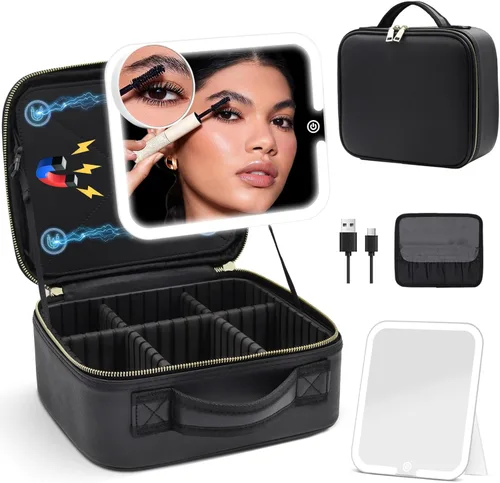 Vista 8 de Estuche de Maquillaje de Tren con Espejo y Luz de 3 Colores Ajustar Brillo, Bolsa de Maquillaje con Espejo Estuche de Cosméticos Recargable