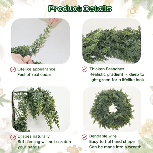 Vista 2 de Guirnalda de Cedro de Navidad de 9 Pies Artificial de Tacto Real con Grosor Realista Follaje Verde Guirnalda de Pino para Repisa de Chimenea
