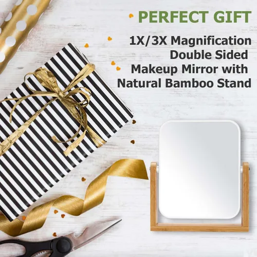Vista 7 de LFOYOU Espejo de maquillaje con soporte de bambú natural, aumento 1X/3X, espejo de aumento de doble cara de 360 grados, espejo de aumento de mesa