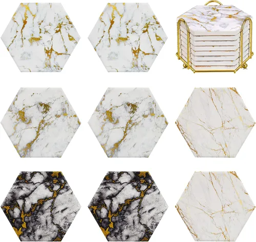 Vista 9 de Juego de posavasos de mármol para protección de mesa, 8 posavasos con soporte de metal, decoración del hogar, posavasos de bar