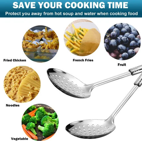 Vista 6 de Colador de cocina de acero inoxidable, 2 piezas, cuchara ranurada, cucharón de cocina con mango largo para cocina, cocina, hornear, 13.4 pulgadas