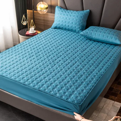 FCLDESHOP Sábana bajera ajustable tamaño Queen, acolchado grueso, para dormitorio, hotel, color sólido, antideslizante, cubrecolchón, funda de Azul