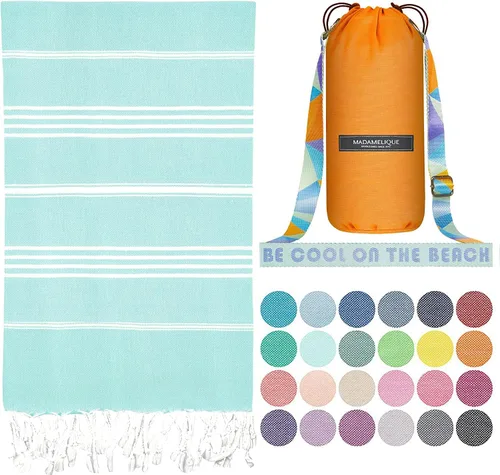 Madamelique Toalla de playa turca con bolsa de playa, 39 x 74 pulgadas, toallas de playa prelavadas de gran tamaño, 100 % algodón, secado rápido,
