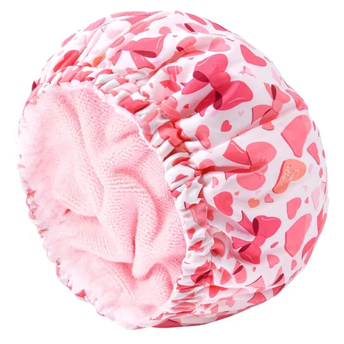 Vista 9 de Gorro de ducha para mujer, con forro de rizo, grande, reutilizable, impermeable, banda elástica, color rosa, para cabello largo y grueso, suave
