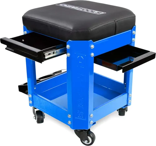 OEMTOOLS 24996 Asiento Creeper de Taller Azul, Taburete con Ruedas con Almacenamiento de Herramientas, Taburete de Mecánico para Trabajo de Garaje,