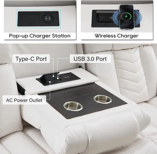 Vista 4 de Juego de sofá reclinable manual con cargador inalámbrico para sala de estar, sofá reclinable de cuero de 3 plazas y sofá biplaza con altavoces
