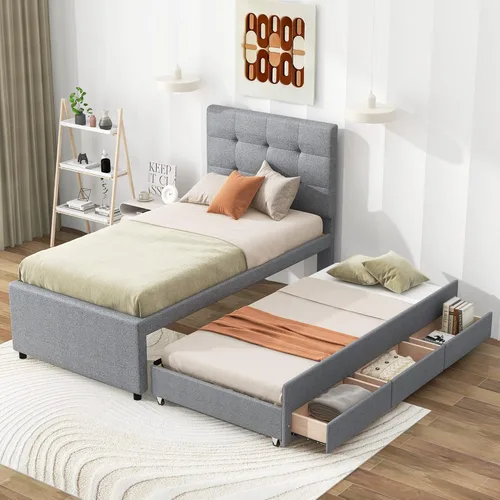Vista 196 de SOFTSEA Cama de plataforma tapizada tamaño Queen con cajón de almacenamiento, marco de cama tapizado con cabecera con respaldo de alas, soporte