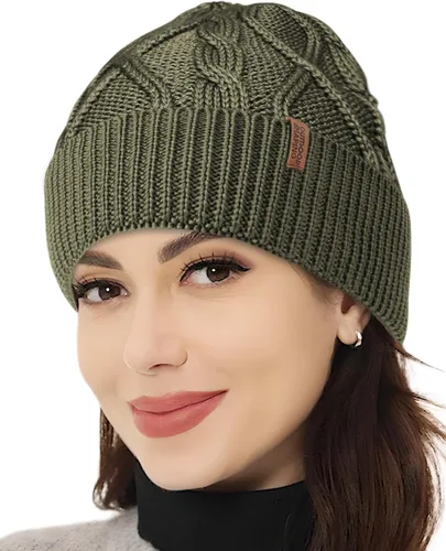 OUTDOOR SHAPING Gorro de lana merina, gorro de punto trenzado unisex, gorro de punto acanalado, gorro de invierno cálido Verde militar