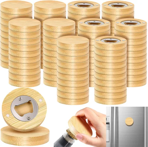 Vista 8 de Vesici 24 piezas Abrebotellas magnético 2.5in DIY Bambú forma redonda Abrebotellas de madera Imán de nevera Adhesivo de refrigerador Regalo