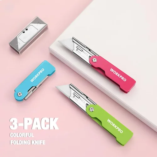 Vista 7 de WORKPRO Juego de 3 cuchillos plegables utilitarios, cortador de caja de cuchillas de cambio rápido, cuchillo de afeitar con clip para cinturón, 10