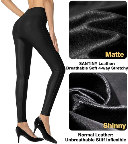 Vista 3 de SANTINY Leggings de piel sintética para mujer, mallas elásticas de cintura alta para mujer