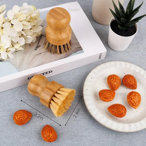Vista 2 de AUEAR, Cepillo de bambú natural para fregar platos, cepillos de limpieza para ollas, cerdas de coco para sartenes de hierro fundido