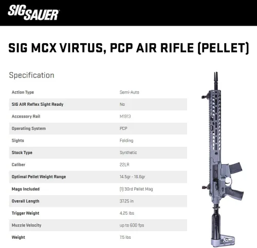 Vista 4 de Sig Sauer MCX Virtus PCP Rifle de aire de perdigones Rifle neumático precargado semiautomático de 30 disparos calibre .22LR para entrenamiento