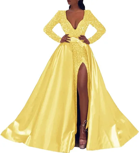 Clothfun Vestidos de fiesta de lentejuelas brillantes, manga larga, sirena con abertura, desmontable, cuello en V, satén formal, vestidos de noche