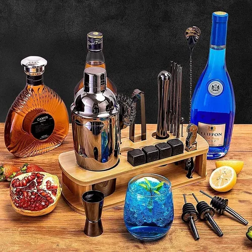 Vista 5 de Kit de camarero con soporte, juego de coctelera de acero inoxidable con herramientas de barra de acero inoxidable, para regalo de Navidad, hogar