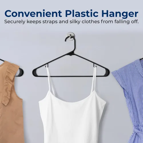 Vista 6 de SereneLife Paquete de 10 perchas de plástico negro, perchas para ropa con ganchos antideslizantes, resistentes, duraderas y ahorradoras de espacio