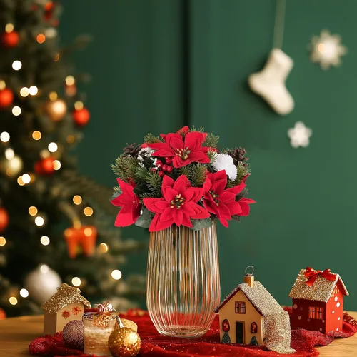 Vista 4 de BLOSMON Flores de Pascua artificiales de Navidad: 2 piezas de centros de mesa de bolas florales falsas rojas para decoraciones de mesas, flor