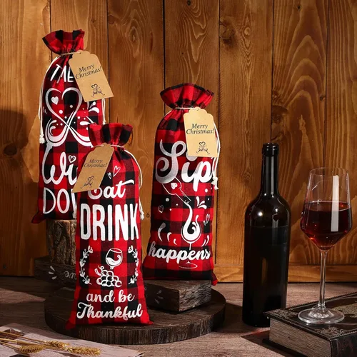 Vista 6 de Shappy 10 bolsas de vino para el día de San Valentín para botellas, regalos, bolsas de tela de lino champán con cubierta de cordón para boda Negro