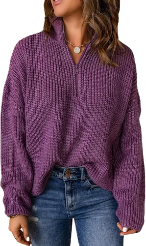 EVALESS Suéteres para mujer, suéter de manga larga con cremallera de un cuarto, cuello en V, suéter tipo polo para mujer