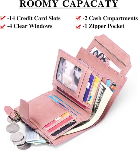 Vista 2 de FALAN MULE - Cartera de cuero auténtico para mujer pequeña plegable compacta con interferencia de radiofrecuencia RFID