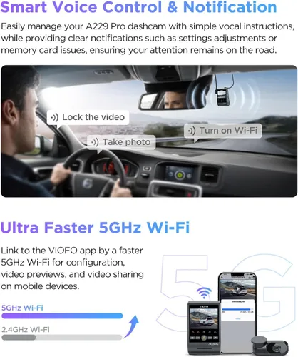 Vista 5 de VIOFO A229 Pro 4K HDR Dash Cam, Dual STARVIS 2 IMX678 IMX675, 4K+2K Cámara frontal y trasera para automóvil, 2 canales con HDR, control de voz, WiFi