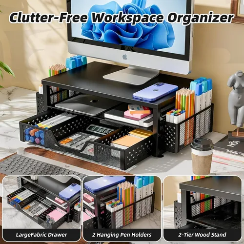Vista 3 de Simple Trending - Soporte elevador para monitor de computadora con cajón