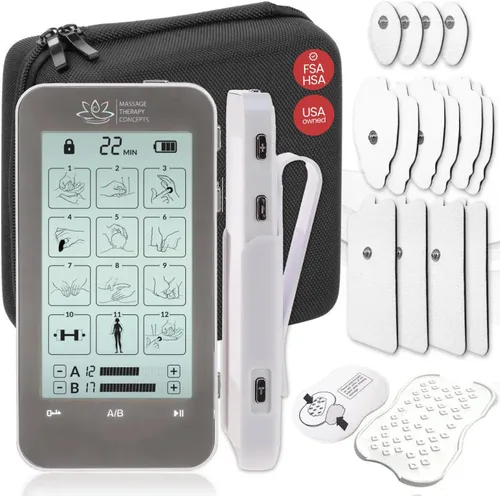 Massage Therapy Concepts Deluxe TENS Unit Estimulador muscular y accesorios - Máquina EMS no invasiva para alivio del dolor de cuello y espalda,