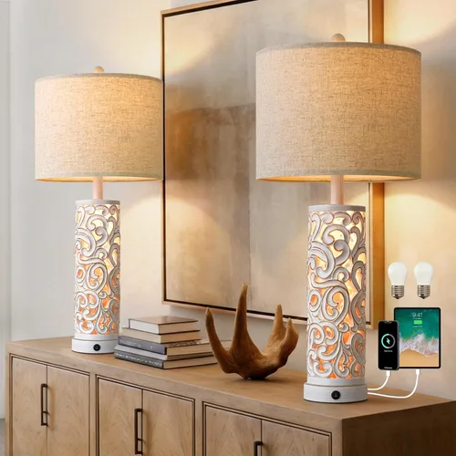 Vista 16 de OYEARS Lámpara de mesa de granja de 22 pulgadas para sala de estar, lámpara de noche con 2 puertos USB para dormitorio, lámpara de mesita de noche