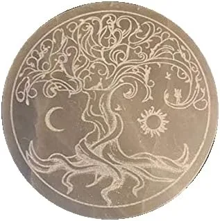 Vista 2 de Placa de carga de selenita grabada con árbol de la vida de 3 pulgadas, carga tus cristales, minada éticamente, grabada en Appleton WI EE. UU