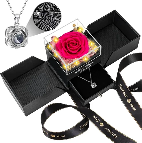 Vista 32 de Collar con diseño de rosa real preservada con corazón con texto en inglés "I Love You", flores eternas, regalos de cumpleaños para mujeres, mamá