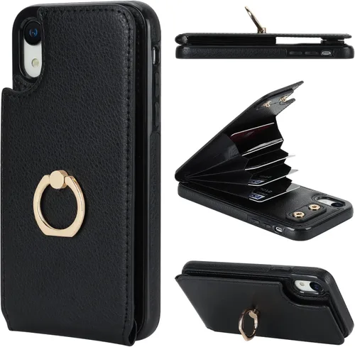 Vista 10 de Folosu Funda compatible con iPhone XR con soporte para tarjetas, rotación de 360°, soporte de anillo de dedo con función atril, bloqueo RFID, piel