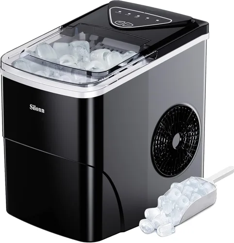 Silonn - Máquina para hacer hielo con encimera, 9 cubos listos en 6 minutos, 26 libras en 24 horas, máquina de hielo autolimpiante con cuchara de