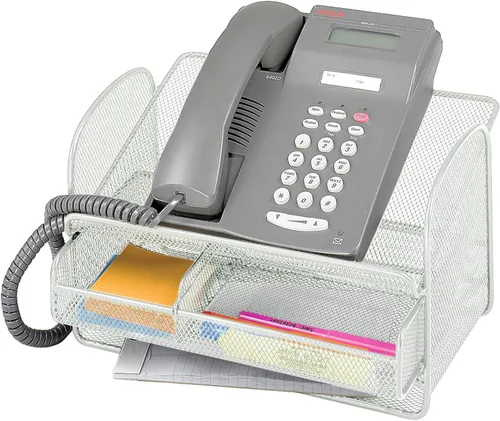 Vista 2 de Safco Onyx bandeja para teléfono y utilidades con cajón, organizador de escritorio, construcción de acero duradera, plateado