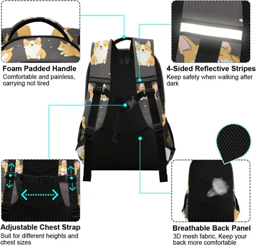 Vista 4 de RunningBear Mochila para niños y niñas, ligera, con correa para estudiantes, escuela primaria, 15#Corgi, Mochilas Daypack