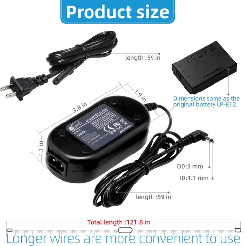 Vista 5 de Glorich ACK-E12 Adaptador de corriente de CA DR-E12 Acoplador DC LP-E12 LPE12 Kit de batería ficticia para cámaras digitales sin espejo Canon EOS