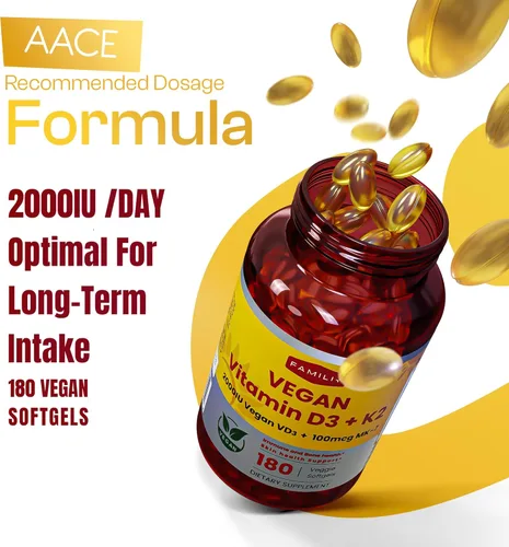 Vista 3 de FAMILI+ 180 Días de Vitamina Vegana D3+K2 en Cápsulas Blandas con Aceite de MCT de Coco 2000UI de Vitamina D3 de Fuente Vegetal + 100 mcg