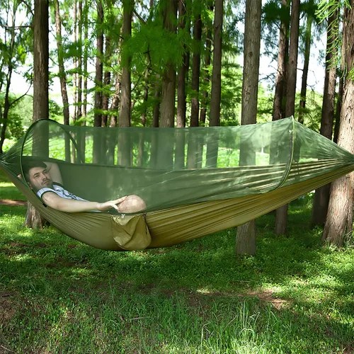 Vista 11 de LFL Hamaca de camping con mosquitero, hamacas con correas de árbol de 13 pies y mosquetones, hamaca portátil automática de apertura rápida para Negro