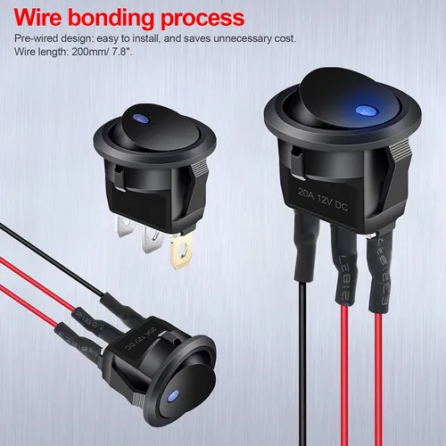 Vista 2 de Twidec /8 unids SPST Punto redondo iluminado interruptor basculante Control de palanca para coche o barco 20A 12V DC On/Off luz LED azul con cables