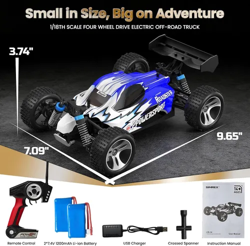 Vista 9 de SIMREX Coche RC 1:18 Escala 4WD, 40+ MPH Camión todoterreno de alta Azul
