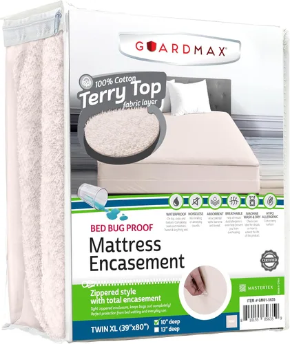 Vista 16 de Guardmax Funda de colchón individual con cremallera, protector de colchón 100% impermeable, suave y absorbente de algodón de rizo superior