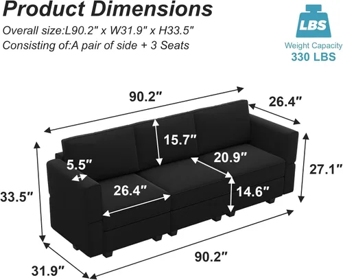 Vista 8 de Belffin - Sofá modular de terciopelo con asientos de almacenamiento, sofá de 3 plazas para sala de estar, color negro
