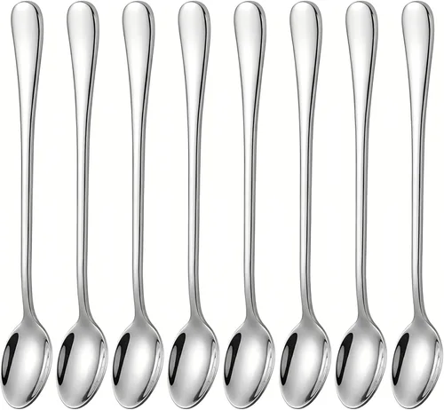 Vista 8 de Cuchara de té helado de mango largo, cucharas para mezclar cócteles, cucharas de café de acero inoxidable, cuchara de helado Juego de 8
