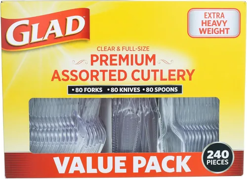 Vista 23 de Glad Juego de cubiertos desechables transparentes con tenedores, cuchillos y cucharas de plástico resistente, utensilios de plástico reutilizables