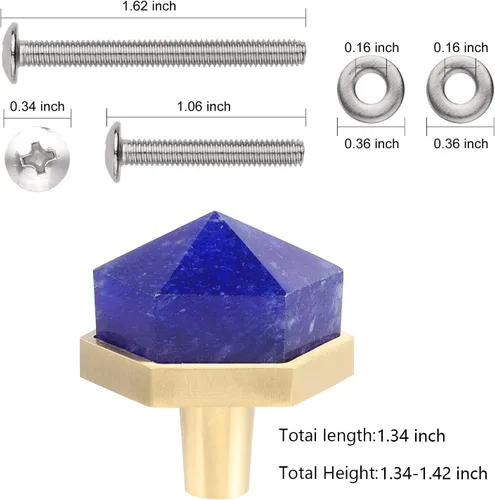 Vista 4 de Rockcloud Paquete de 2 pomos de piedra de cristal con forma hexagonal de cuarzo azul fundido con tornillos, tiradores de cajón, pomos decorativos