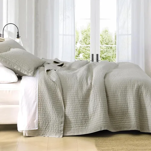 Vista 8 de Finlonte Juego de edredón de tamaño Queen, 100 % algodón, color liso, colcha con patrón de rayas verticales, costuras hechas a mano, edredón Gris