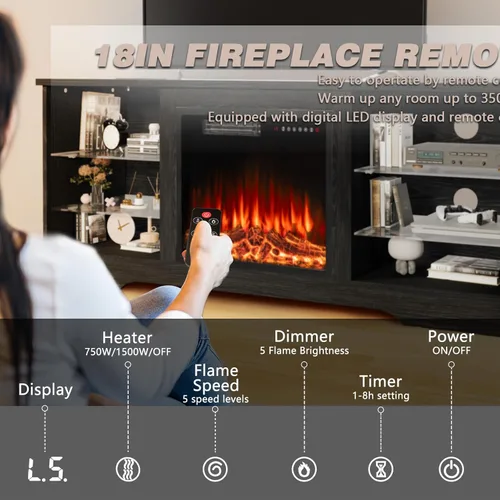 Vista 3 de LEMBERI Soporte de TV con Chimenea de 58 Pulgadas para TVs de hasta 65 Pulgadas, Consola con Chimenea Eléctrica de 18'' y Control Remoto, Centro