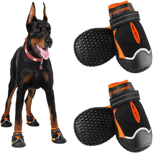 Vista 7 de Zapatos de perro para perros grandes, botines impermeables para pavimento caliente, nieve de invierno, botas antideslizantes para perro con tiras