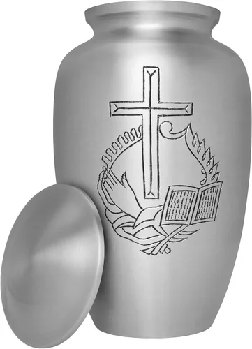 Vista 2 de Urna funeraria de cruz plateada, urna de cremación para cenizas humanas, hecha a mano en aluminio, adecuada para entierro o nicho de cementerio